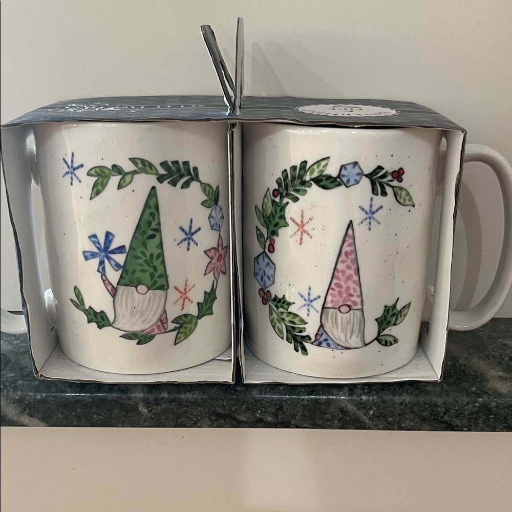 Peppermint Gnome Mug Duo - White with Green and Pink Accents